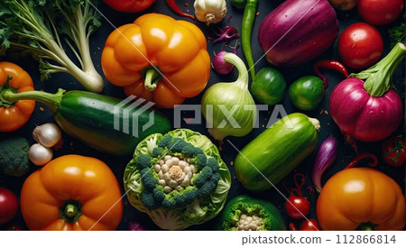 A pattern of ripe vegetables is a vegetable background for vegetarians, healthy eating, and eco-friendly gardening. AI generated A pattern of ripe vegetables is a vegetable background for vegetarians, healthy eating, and eco-friendly gardening. AI generated 112866814