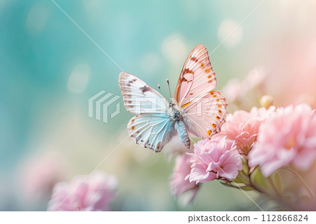 Pastel color butterflies on delicate spring flowers in a field with a space for text. Spring time. AI generated 112866824