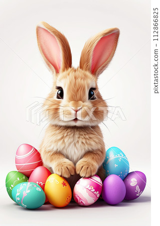 A cute Easter bunny with a basket of eggs and spring flowers is an illustration of a children character on a white background, a traditional holiday card. AI generated A cute Easter bunny with a basket of eggs and spring flowers is an illustration of a children character on a white background, a traditional holiday card. AI generated 112866825