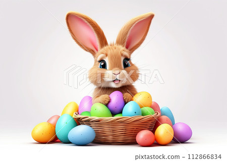 A cute Easter bunny with a basket of eggs and spring flowers is an illustration of a children character on a white background, a traditional holiday card. AI generated 112866834