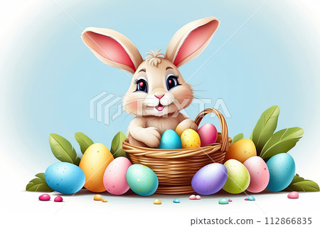 A cute Easter bunny with a basket of eggs and spring flowers is an illustration of a children character on a white background, a traditional holiday card. AI generated 112866835