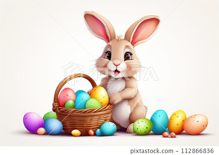 A cute Easter bunny with a basket of eggs and spring flowers is an illustration of a children character on a white background, a traditional holiday card. AI generated A cute Easter bunny with a basket of eggs and spring flowers is an illustration of a children character on a white background, a traditional holiday card. AI generated 112866836
