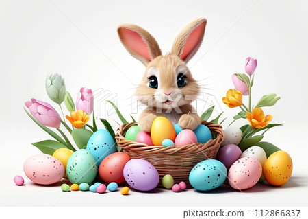 A cute Easter bunny with a basket of eggs and spring flowers is an illustration of a children character on a white background, a traditional holiday card. AI generated 112866837