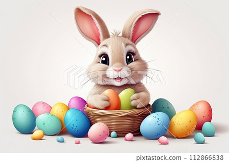 A cute Easter bunny with a basket of eggs and spring flowers is an illustration of a children character on a white background, a traditional holiday card. AI generated 112866838