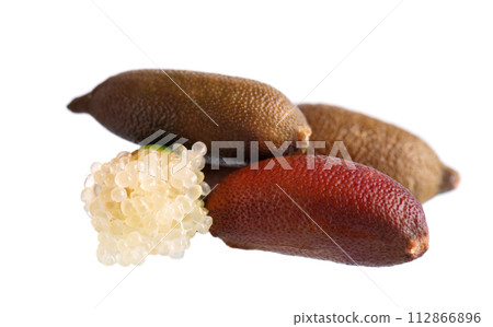 Fresh finger limes isolated on white background. Caviar lime. Fruits pods. Clipping path. 112866896
