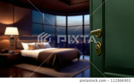 Opened door of hotel room with blurred luxury bedroom background 112866901