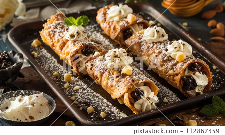 Sweet homemade cannoli Sicilian dessert. 112867359