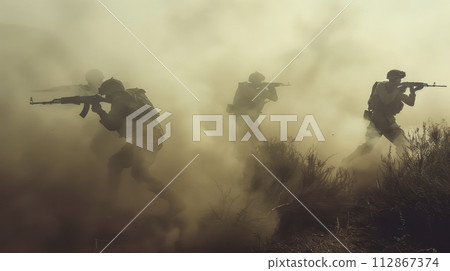 soldiers on the battlefield in modern war, no visible faces. dusty background soldiers on the battlefield in modern war, no visible faces. dusty background 112867374