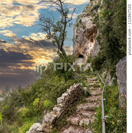 Shoreline of the scenic Amalfi coast from the path of the Gods, Southern Italy 112867528