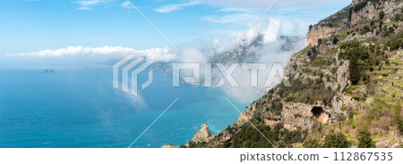 Shoreline of the scenic Amalfi coast from the path of the Gods, Southern Italy Shoreline of the scenic Amalfi coast from the path of the Gods, Southern Italy 112867535