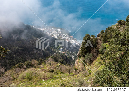Shoreline of the scenic Amalfi coast from the path of the Gods, Southern Italy Shoreline of the scenic Amalfi coast from the path of the Gods, Southern Italy 112867537