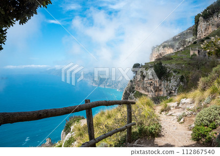 Shoreline of the scenic Amalfi coast from the path of the Gods, Southern Italy 112867540