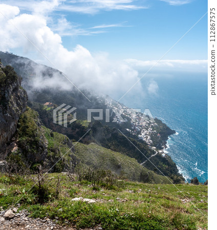 Shoreline of the scenic Amalfi coast from the path of the Gods, Southern Italy 112867575