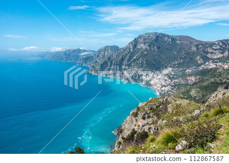 Shoreline of the scenic Amalfi coast from the path of the Gods, Southern Italy 112867587