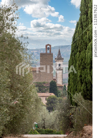 The Holy Cross church tower in Vinci, Italy, baptismal church of genius Leonardo da Vinci 112867622