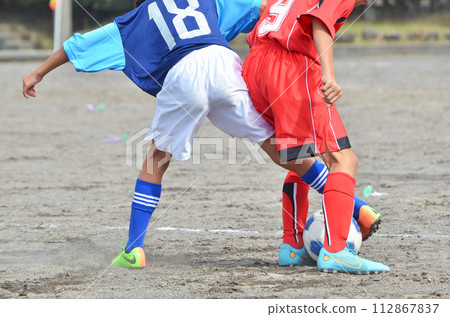 Youth soccer match (players competing for the ball) Youth soccer match (players competing for the ball) 112867837
