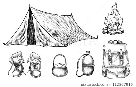 Camping equipment - tent, fire, backpack, flask and boots. Vector illustration of objects for hiking and traveling in a forest painted by black inks in linear style. Etching with adventure elements. Camping equipment - tent, fire, backpack, flask and boots. Vector illustration of objects for hiking and traveling in a forest painted by black inks in linear style. Etching with adventure elements. 112867916
