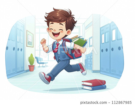 An animated image of a young boy with a backpack joyously running through a bright school corridor with lockers and notice boards An animated image of a young boy with a backpack joyously running through a bright school corridor with lockers and notice boards 112867985