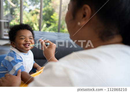 Asian mother feeding her 9 months old her cute little baby and African American helping for holding food plate At Home. Photo series of family, kids and happy people concept. Parents feed kids. Asian mother feeding her 9 months old her cute little baby and African American helping for holding food plate At Home. Photo series of family, kids and happy people concept. Parents feed kids. 112868210
