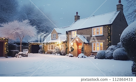 Christmas in the countryside, cottage and garden decorated for holidays on a snowy winter evening with snow and holiday lights, English country styling Christmas in the countryside, cottage and garden decorated for holidays on a snowy winter evening with snow and holiday lights, English country styling 112868433