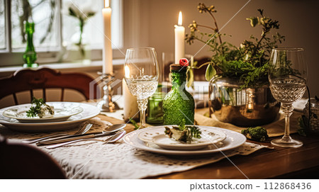 Festive date night tablescape idea, dinner table setting for two and Christmas, New Year, Valentines day decor, English country home styling 112868436