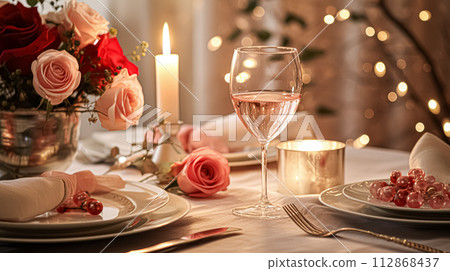 Festive date night tablescape idea, dinner table setting for two and Christmas, New Year, Valentines day decor, English country home styling 112868437