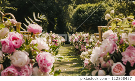 Wedding decoration with peonies, floral decor and event celebration, peony flowers and wedding ceremony in the garden, English country style 112868457