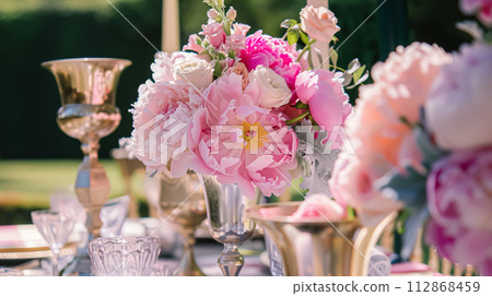 Wedding decoration with peonies, floral decor and event celebration, peony flowers and wedding ceremony in the garden, English country style 112868459