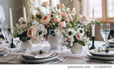 Wedding decoration in the cottage, floral country wedding decor, cake and event celebration, English countryside style 112868478