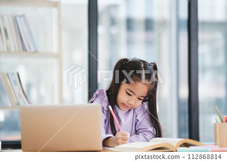 A young girl is sitting at a desk with a laptop and a book A young girl is sitting at a desk with a laptop and a book 112868814