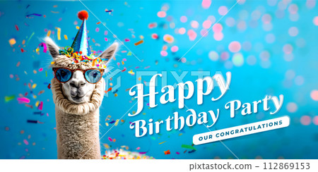 Alpaca on a congratulatory background with confetti 112869153