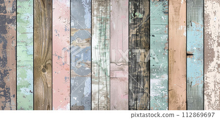 Texture of old wooden boards of different colors with cracked paint. Vertical arrangement Texture of old wooden boards of different colors with cracked paint. Vertical arrangement 112869697