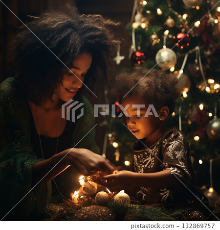 Photorealistic image of a mother and child decorating a Christmas tree. family christmas, holiday lifestyle Photorealistic image of a mother and child decorating a Christmas tree. family christmas, holiday lifestyle 112869757