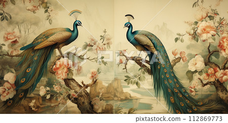 abstract old paper, vintage wallpaper with peacocks in the Garden of Eden. abstract old paper, vintage wallpaper with peacocks in the Garden of Eden. 112869773