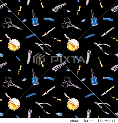 Manicure instruments. Nail blue polish, trimmer, cuticle scissors, clippers. Glass Vial with cosmetic oil. Seamless pattern on black background. Watercolor illustration for package, textile, prints Manicure instruments. Nail blue polish, trimmer, cuticle scissors, clippers. Glass Vial with cosmetic oil. Seamless pattern on black background. Watercolor illustration for package, textile, prints 112869851