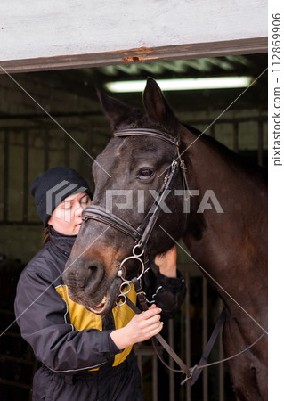 Affectionate moment between horse and person in stable Affectionate moment between horse and person in stable 112869906