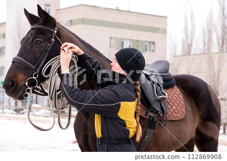 Person adjusting reins on saddled horse outdoors. Person adjusting reins on saddled horse outdoors. 112869908