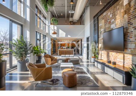 AI-generated content. Modern office hall interior with plants and comfortable chairs, large windows 112870346