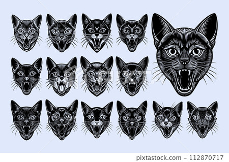Illustration of meowing russian blue cat head design vector set 112870717