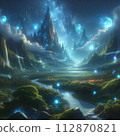 Mysterious mountains and sparkling waterfalls under the starry sky 112870821