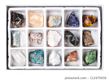 stones for geological collection in open box 112870936