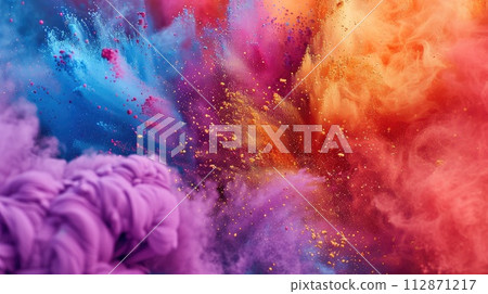Splash of color powder background. Multicolored vibrant smoke. Indian holiday Holy Splash of color powder background. Multicolored vibrant smoke. Indian holiday Holy 112871217