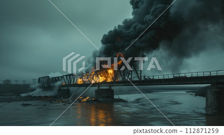 Powerful explosion on a concrete road bridge during the day. burning bridge. 112871259