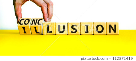 Conclusion or illusion symbol. Businessman turns wooden cubes and changes the word 'illusion' to 'conclusion'. Beautiful white background, copy space. Business, conclusion or illusion concept. 112871419