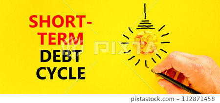 Short-term debt cycle symbol. Concept words Short-term debt cycle on beautiful yellow paper. Beautiful yellow background. Businessman hand. Business Short-term debt cycle concept. Copy space Short-term debt cycle symbol. Concept words Short-term debt cycle on beautiful yellow paper. Beautiful yellow background. Businessman hand. Business Short-term debt cycle concept. Copy space 112871458
