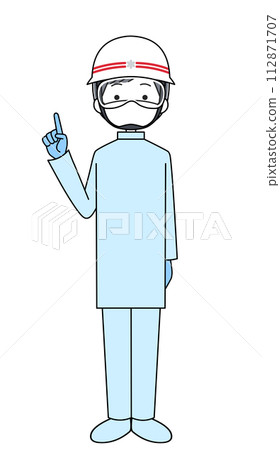 Pointing firefighter (emergency team/infection prevention clothing) Pointing firefighter (emergency team/infection prevention clothing) 112871707