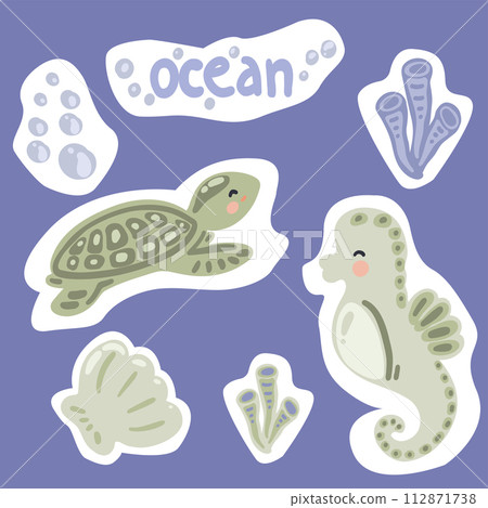 Flat design stickers ocean animals turtle seahorse and corals 112871738