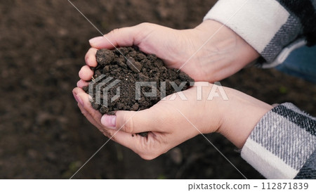 agriculture, farmer holding soil hand, ecological farm, soil hand businessman farmer, farm, natural ecology, preparing field planting crop seedlings, touching dry soil with fingers, fertilizer farm, 112871839