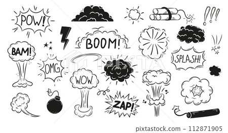 Explosion doodle, bomb element. Comic zap, boom, bam smoke sketch elements. Explosion doodle, bomb element. Comic zap, boom, bam smoke sketch elements. 112871905