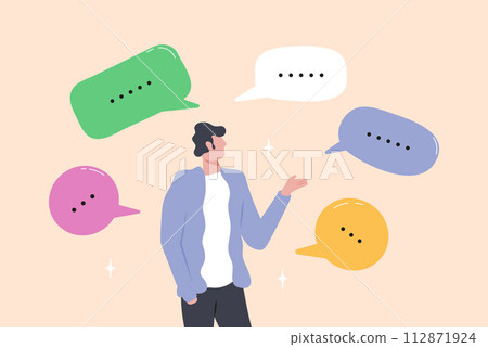 Speech bubbles continuous line style. Meeting, video conference with office employees. Speech bubbles continuous line style. Meeting, video conference with office employees. 112871924